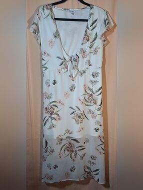 LOVE, FIRE White Floral Maxi Dress with Pink & Green Accents